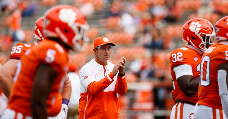 Dabo Swinney watches his team warm up last weekend (Photo per ACC).