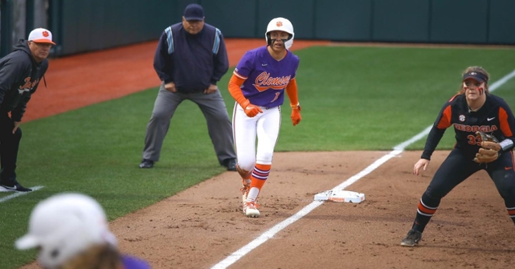 Logoleo gets a lead off third (Photo courtesy of Clemson softball)