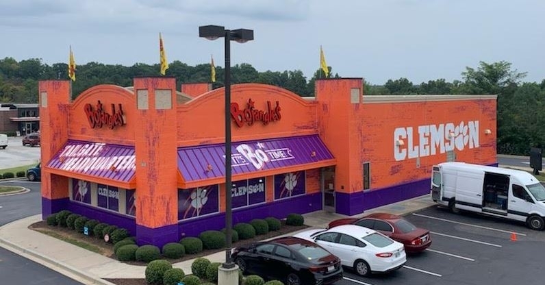 Bojangles is orange and purple with a Clemson theme for now