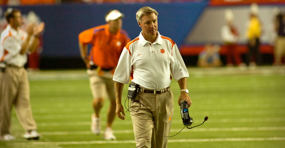One of Bowden's last games as Clemson head coach in 2008, with Swinney in the background encouraging the team.