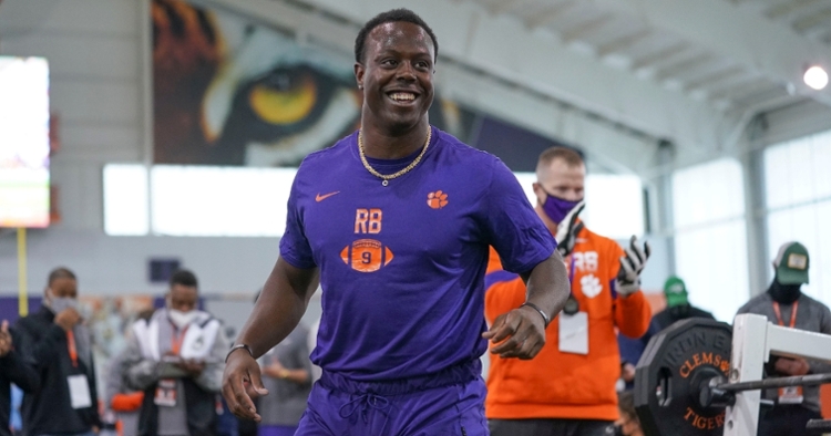 Travis Etienne smiles during Pro Day Thursday (Photos courtesy Clemson Athletics/David Platt)